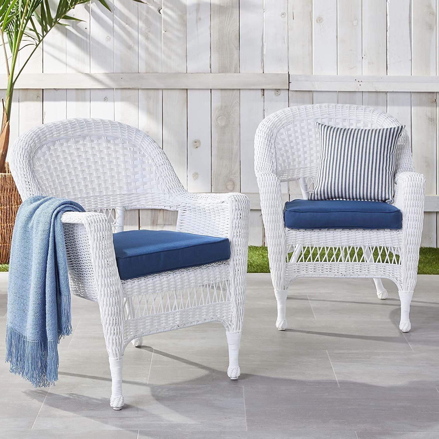 Jeco Stacking Wicker Rattan Chairs Set of 2, Blue Tufted Cushions