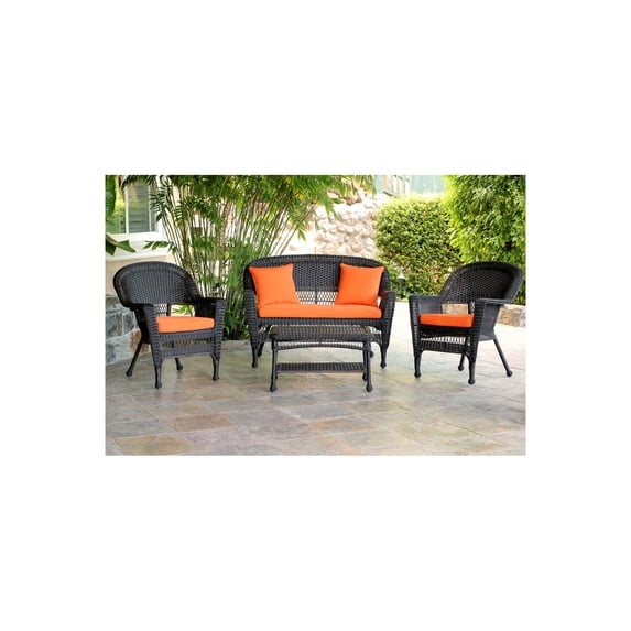 Jeco 4pc Espresso Wicker Conversation Set - Orange Cushions