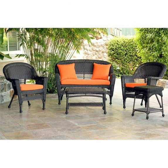 Jeco W00201-G-OT-FS016 5 Piece Espresso Wicker Conversation Set - Orange Cushions