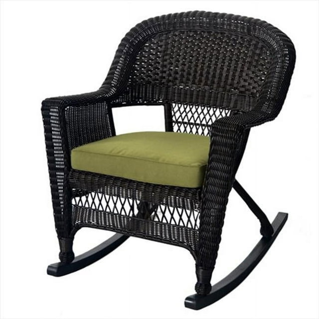 Jeco W00201R-A-2-FS029 Espresso Rocker Wicker Chair With Green Cushion - Set 2