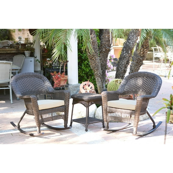 Jeco W00201R-A-2-RCES001 Espresso Rocker Wicker Chair Set with Ivory Cushion - 3 Piece