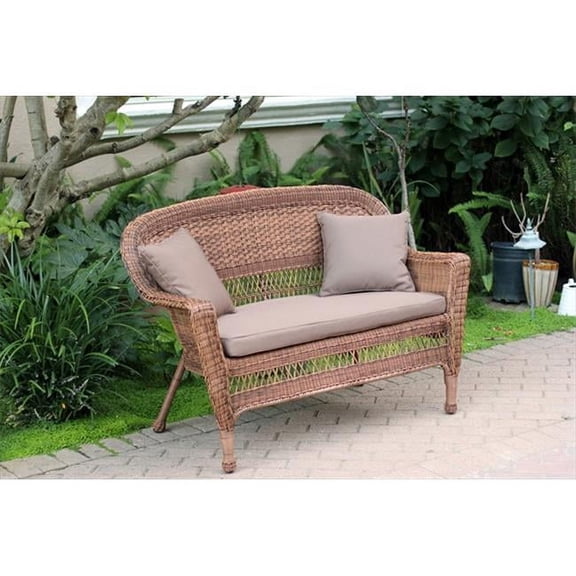 Jeco W00205-L-FS007-CL Honey Wicker Patio Love Seat With Brown Cushion And Pillows