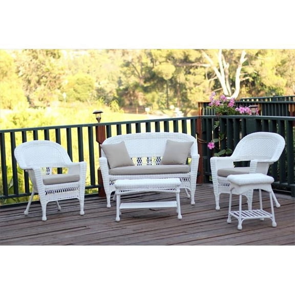 Jeco W00206-G-OT-FS006 5 Piece White Wicker Conversation Set - Tan Cushions