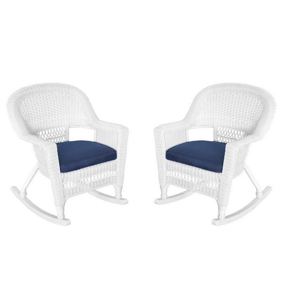 Jeco W00206R-B_2-FS011 White Rocker Wicker Chair With Midnight Blue Cushion- Set Of 2