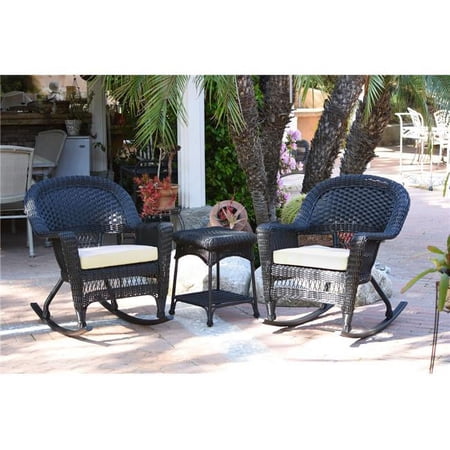 Jeco W00207R-D-2-RCES001 Black Rocker Wicker Chair Set with Ivory Cushion - 3 Piece