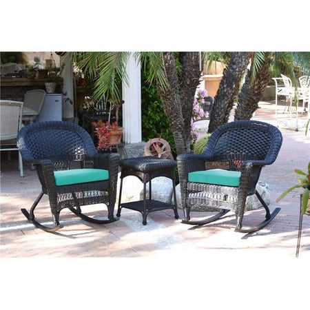 Jeco W00207R-D-2-RCES032 Black Rocker Wicker Chair Set with Turquoise Cushion - 3 Piece