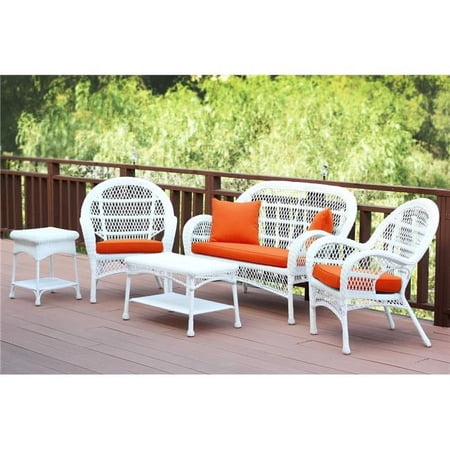 Jeco W00209-G-OT-FS016 5 Piece Santa Maria White Wicker Conversation Set, Brick Orange Cushion