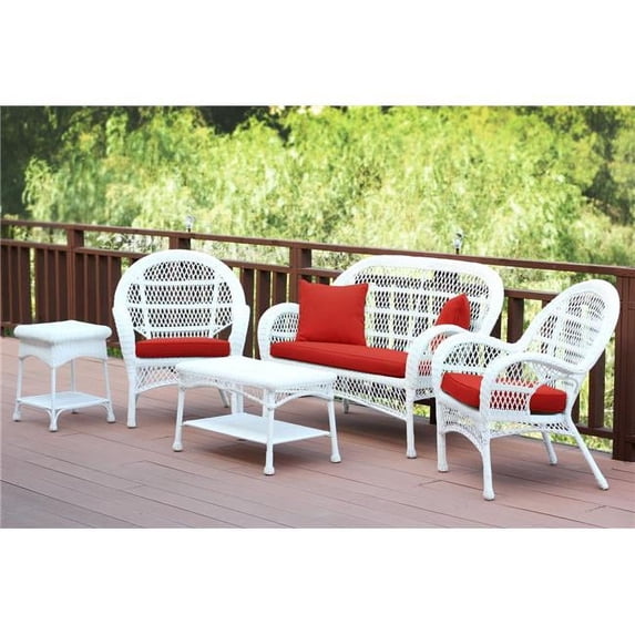 Jeco W00209-G-OT-FS018 5 Piece Santa Maria White Wicker Conversation Set, Red Orange Cushion