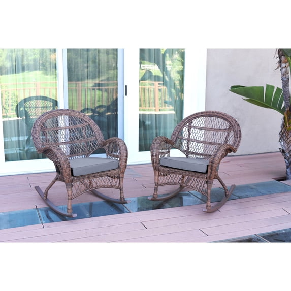 Jeco Santa Maria Honey Wicker Rocker Chair with Steel Blue Cushion - Set of 2