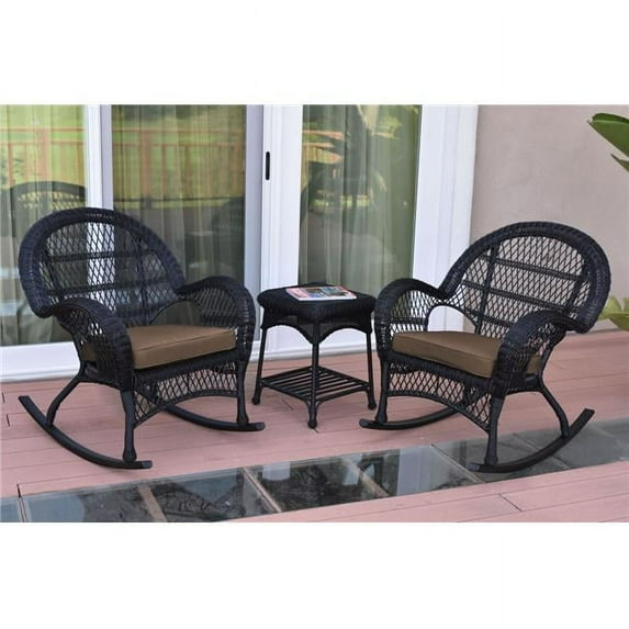 Jeco W00211-2-RCES007 3 Piece Santa Maria Black Rocker Wicker Chair Set, Brown Cushion