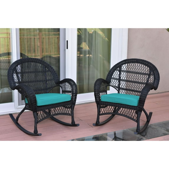 Jeco Santa Maria Black Wicker Rocker Chair with Turquoise Cushion - Set of 2