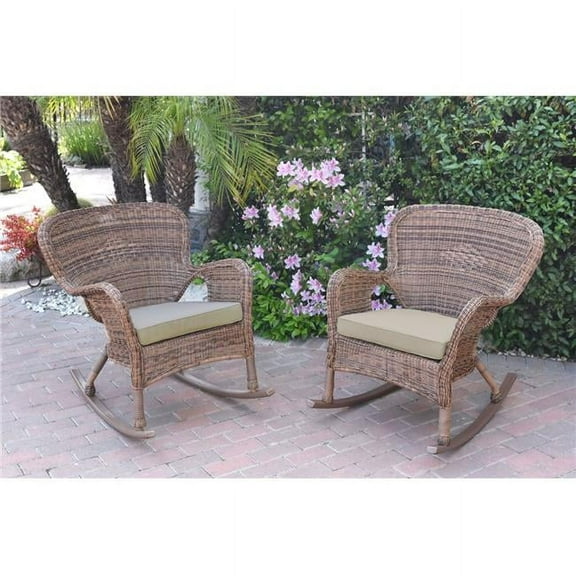 Jeco W00212-R-2-FS006 Windsor Honey Resin Wicker Rocker Chair with Tan Cushion - Set of 2