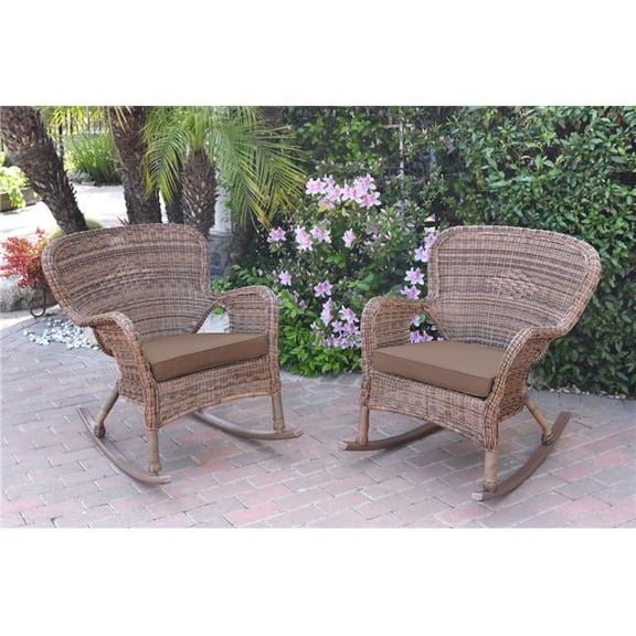 Jeco W00212-R-2-FS007 Windsor Honey Resin Wicker Rocker Chair with Brown Cushion - Set of 2
