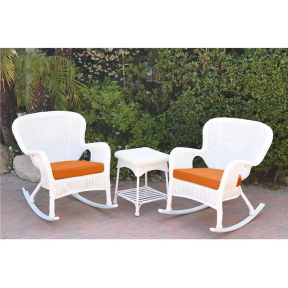 Jeco W00213-2-RCES016 Windsor White Wicker Rocker Chair & End Table Set with Orange Cushion