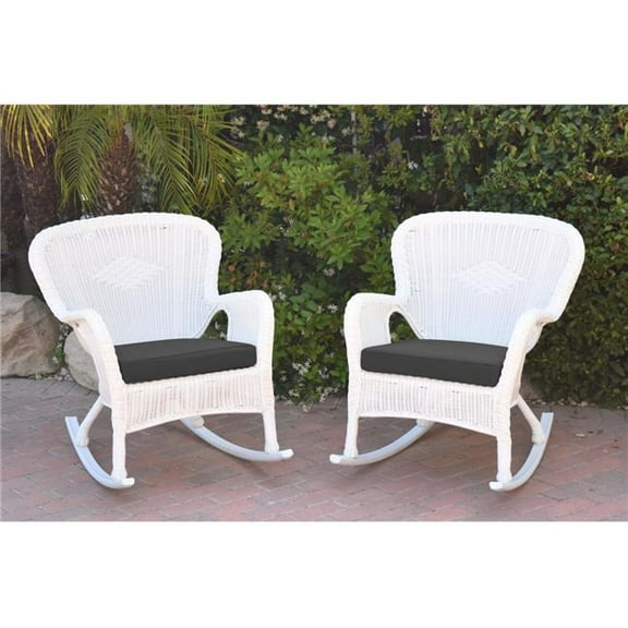 Jeco W00213-R-2-FS017 Windsor White Resin Wicker Rocker Chair with Black Cushion - Set of 2
