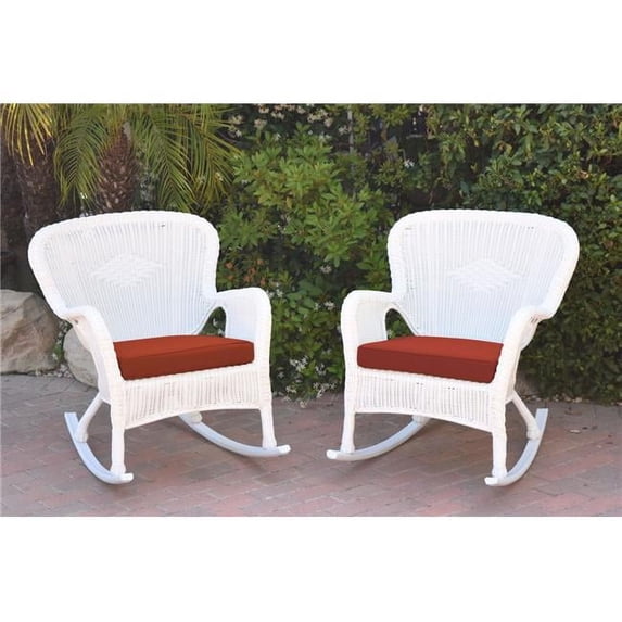 Jeco W00213-R-2-FS018 Windsor White Resin Wicker Rocker Chair with Brick Red Cushion - Set of 2
