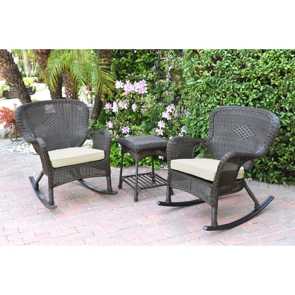 Jeco W00215-2-RCES001 Windsor Espresso Wicker Rocker Chair & End Table Set with Ivory Chair Cushion