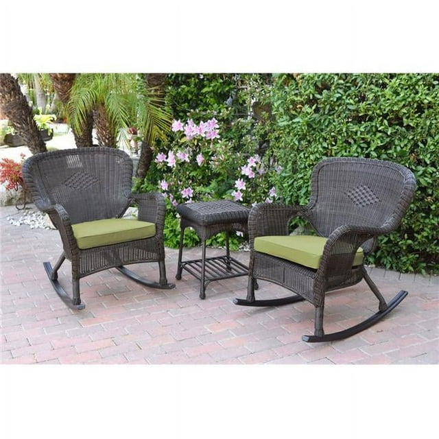 Jeco W00215-2-RCES029 Windsor Espresso Wicker Rocker Chair & End Table Set with Green Cushion