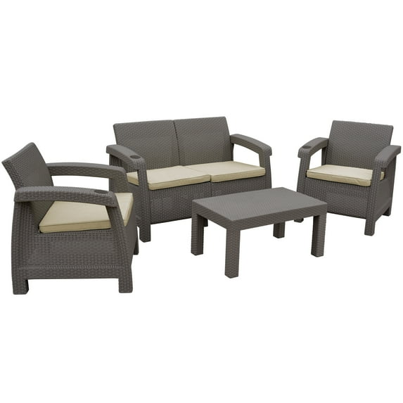 Jeco Ourea 4PC Espresso Conversation Patio Set with Tan Cushion