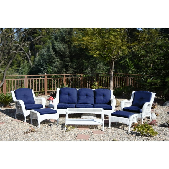Jeco White Wicker 6-Piece Seating Set with Cushions Blue