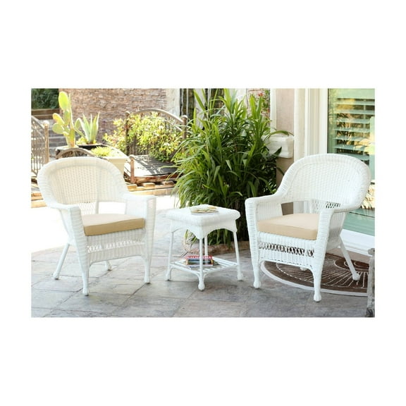 Jeco White Wicker Chair And End Table Set With Ivory Chair Cushion