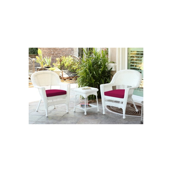 Jeco White Wicker Chair And End Table Set With Red Chair Cushion