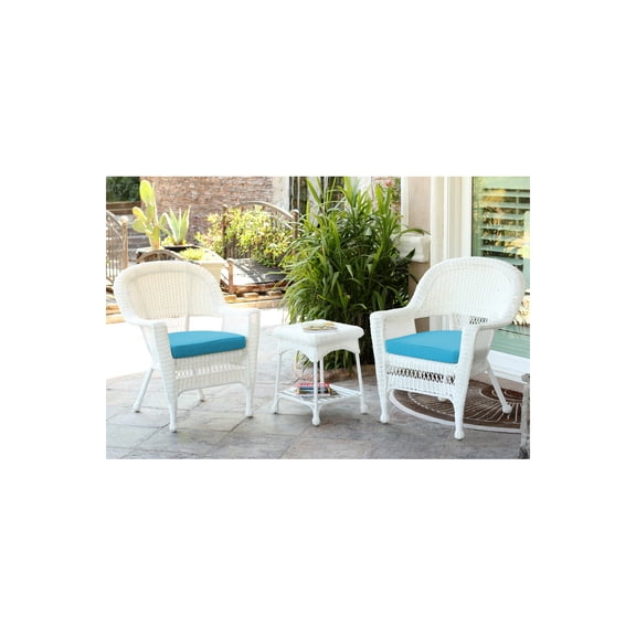 Jeco White Wicker Chair And End Table Set With Sky Blue Chair Cushion