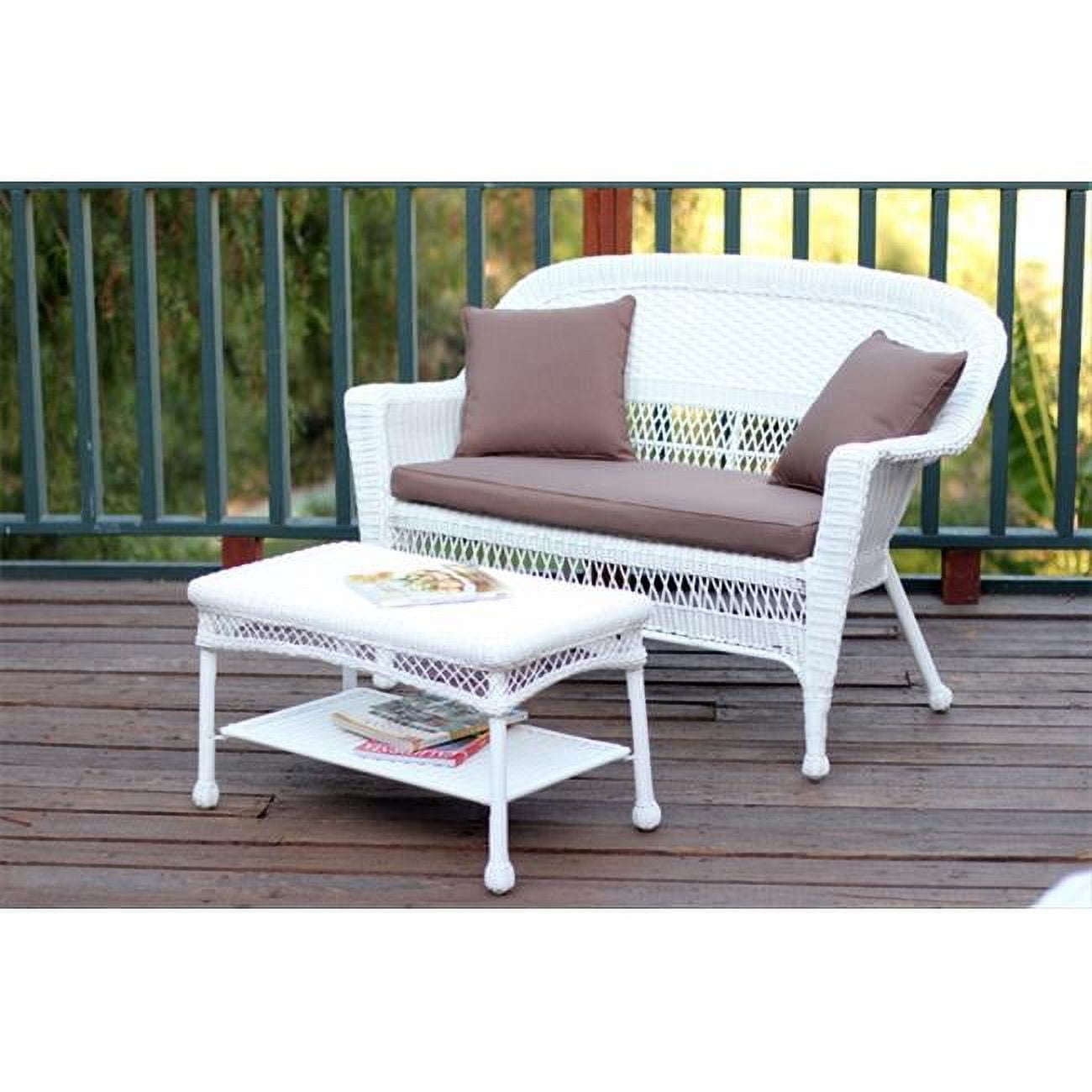 Jeco White Wicker Patio Love Seat And Coffee Table Set With Brown