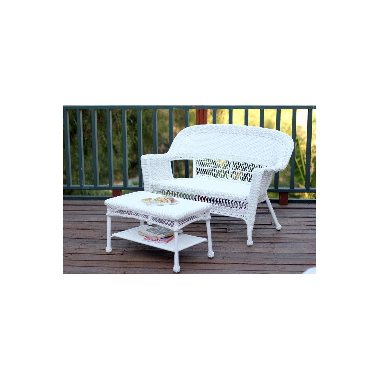 Jeco White Wicker Patio Love Seat and Coffee Table Set without Cushion