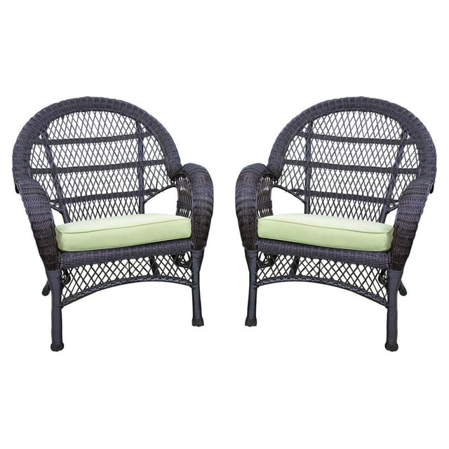 Jeco Wicker Chair in Espresso with Green Cushion (Set of 2)