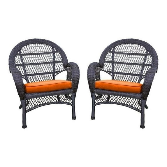 Jeco Wicker Chair in Espresso with Orange Cushion (Set of 4)