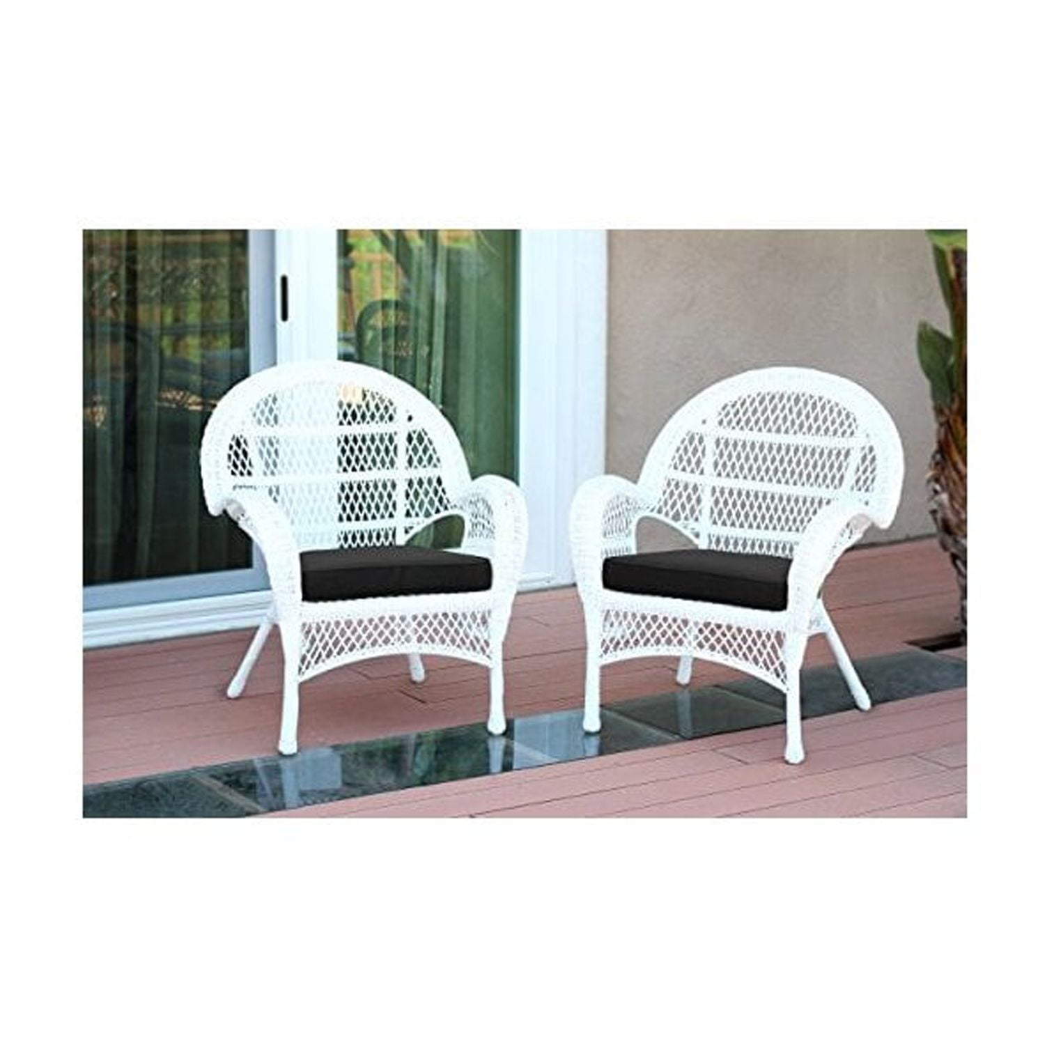 White Resin Wicker Outdoor Chairs with Black Cushions, Set of 2