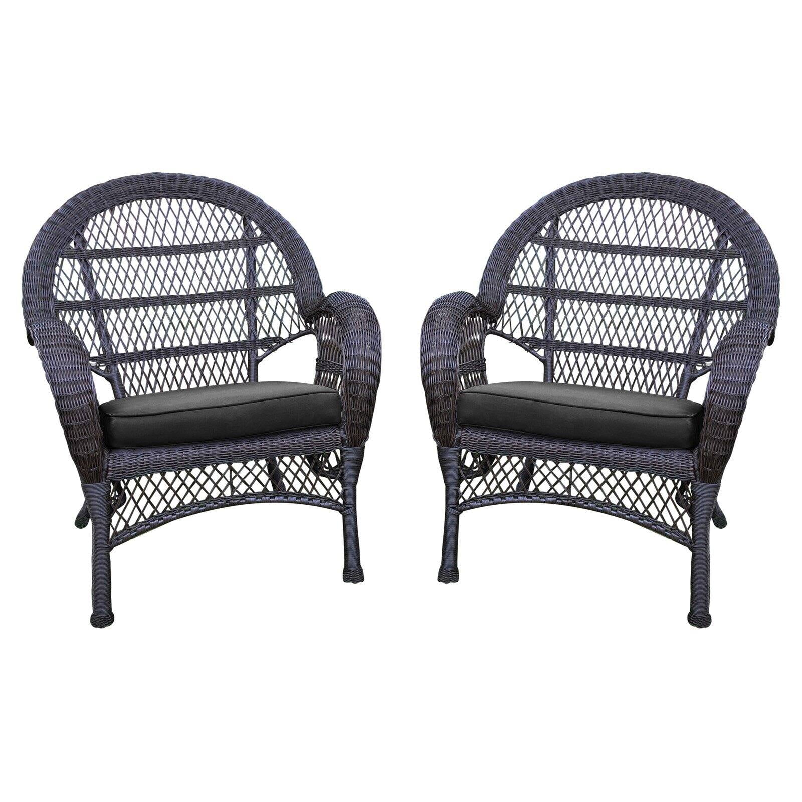 White Resin Wicker Outdoor Chairs with Black Cushions, Set of 2