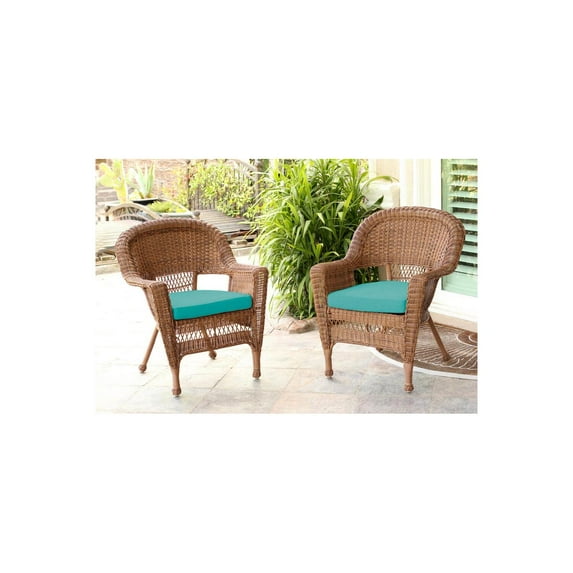 Jeco Honey Wicker Chair With Turquoise Cushion - Set of 2