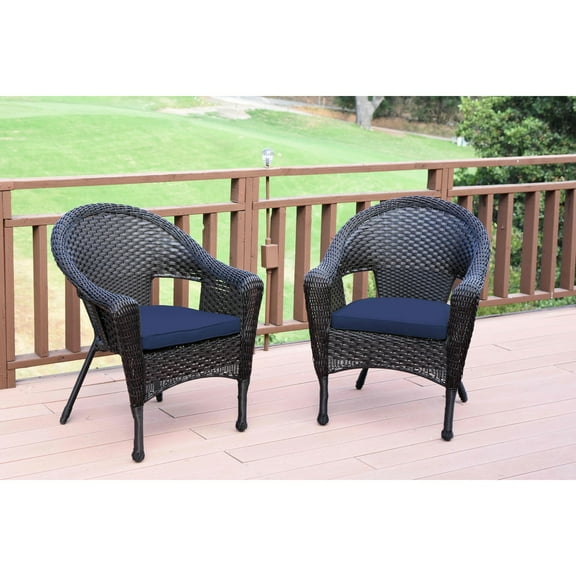 Jeco Wicker Collection 2- Piece Plastic Frame Patio Chairs with Cushions, Brown and Midnight Blue