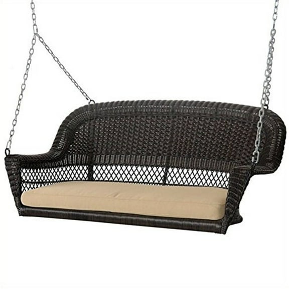 Jeco Wicker Porch Swing in Espresso with Tan Cushion
