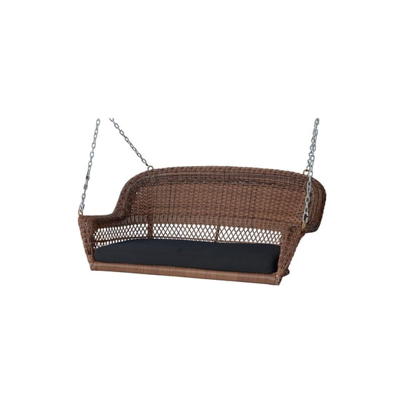 Jeco White Resin Wicker Porch Swing with Black Cushion-Finish:Honey