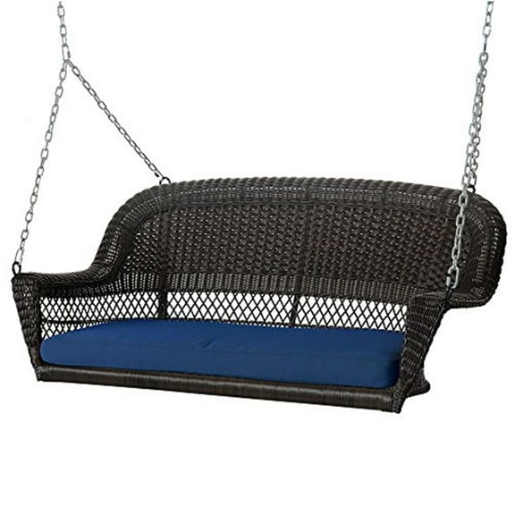 Jeco White Resin Wicker Porch Swing with Midnight Blue Cushion-Finish:Espresso