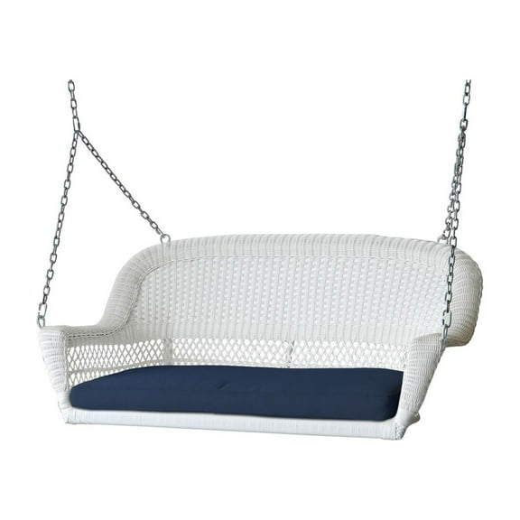 Jeco White Resin Wicker Porch Swing with Midnight Blue Cushion-Finish:White