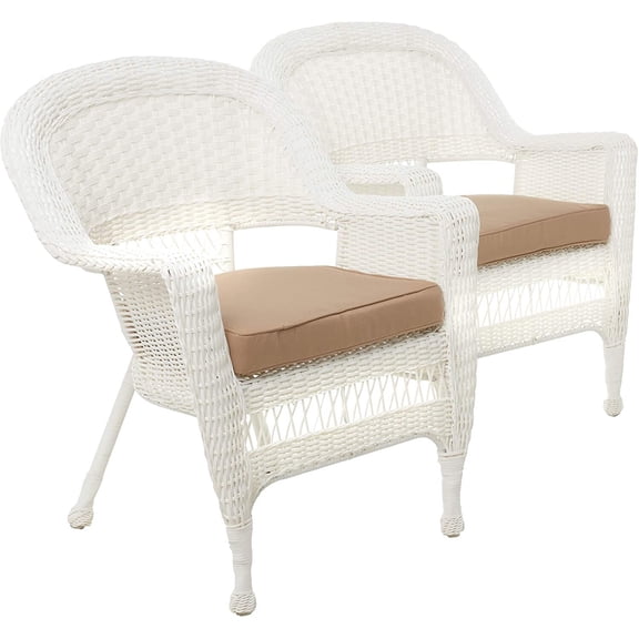 Jeco Wicker / Rattan Chair in White with Tan Cushion (Set of 2)