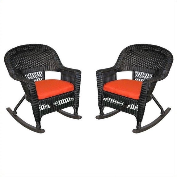 Jeco Wicker Rocker Chair in Black with Red Cushion (Set of 2)