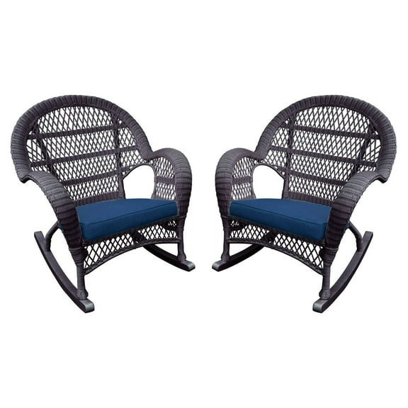 Jeco Wicker Rocker Chair in White with Blue Cushion (Set of 2)
