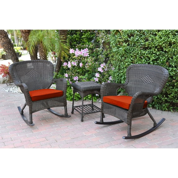 Jeco Windsor Espresso Wicker Rocker Chair And End Table Set With Brick Red Cushion