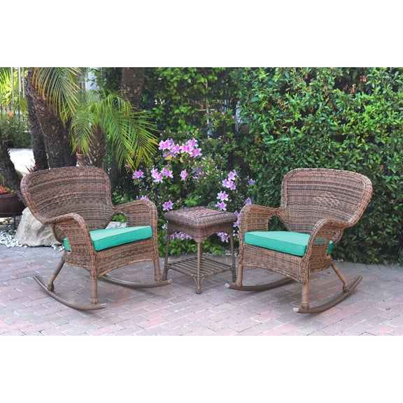Jeco Windsor Honey Wicker Rocker Chair And End Table Set With Turquoise Chair Cushion