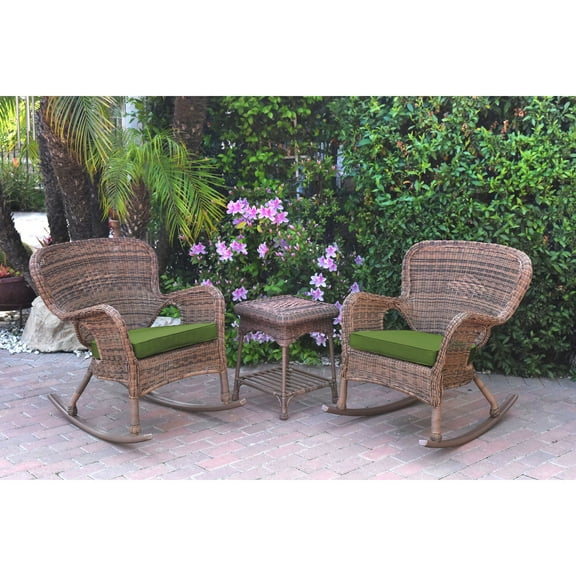 Jeco Windsor Honey Wicker Rocker Chair And End Table Set With Hunter Green Chair Cushion