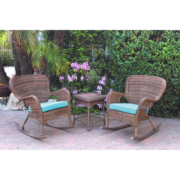Jeco Windsor Honey Wicker Rocker Chair And End Table Set With Sky Blue Chair Cushion