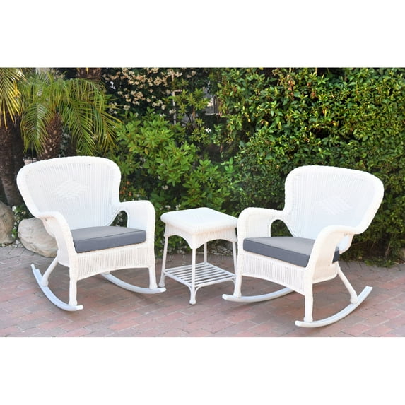 Jeco Windsor White Wicker Rocker Chair And End Table Set with Chair Cushion Blue/Brown