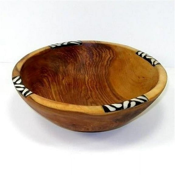Jedando Handicrafts Handcarved Olive Wood Bowl 9 in. with Inlaid Bone