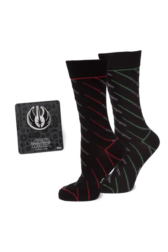 Green and Red LIGHTSABER Pattern Black Dress Socks with Jedi Crest Lapel Pin Gift Set
