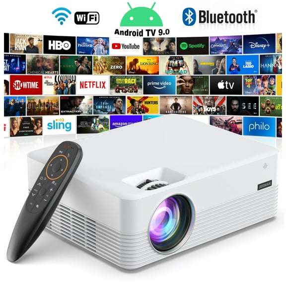Jeemak Wifi Movie Projectors Bluetooth Android TV 9.0 Smart Projector, 1080P and 170 inch Display Supported, 6000 Lumens Portable Projector for Home Cinema & Outdoor Theater (No Hdmi Port)